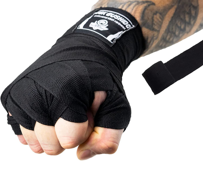 BLACK BOXING BANDAGES, WRAPS, 4 METERS, BUSHIDO